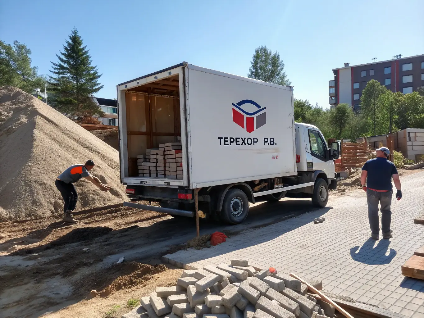 An image showing a delivery truck arriving at a construction site with workers unloading chemical supplies, emphasizing timely delivery.