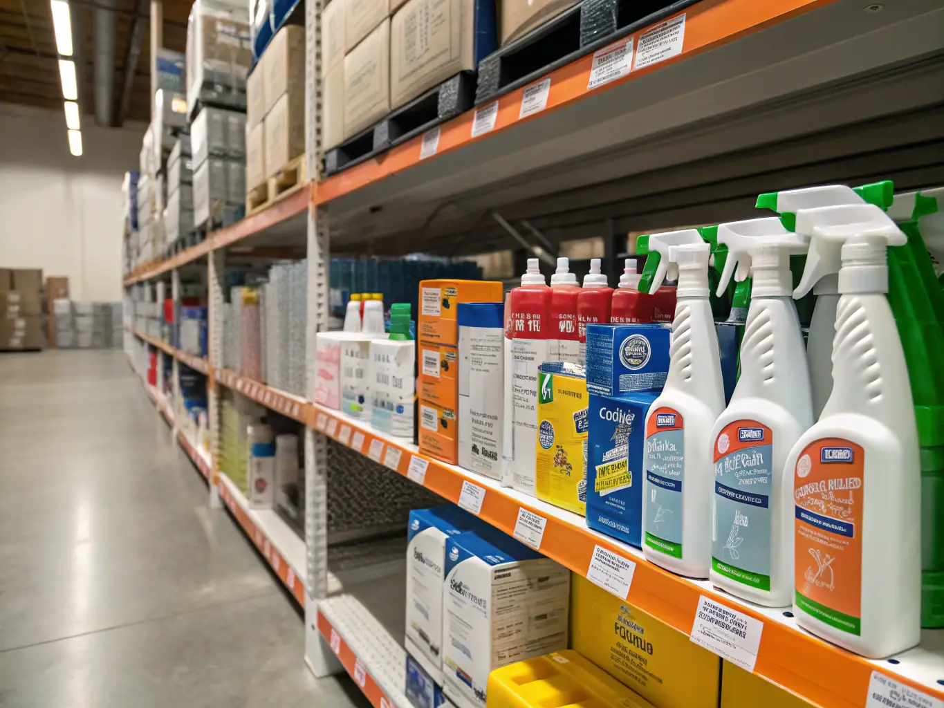 A well-organized chemical warehouse with shelves stocked with various sizes and types of solvent containers, showcasing the variety of solvents available at Sri Ganesh Enterprise.