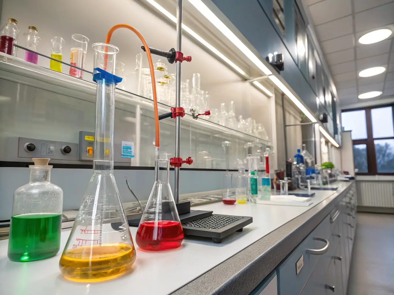 A laboratory setting with beakers and flasks containing different colored acids, emphasizing the precision and quality of acids supplied by Sri Ganesh Enterprise.